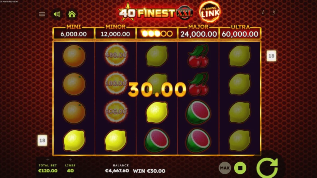 Tampilan visual slot 40 Finest XXL Flaming Link dengan simbol buah neon dan api.