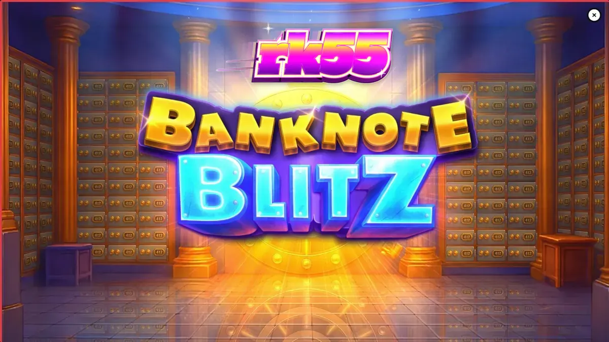 Tampilan permainan slot Banknote Blitz dengan Win Frame bercahaya di dalam brankas bank mewah.
